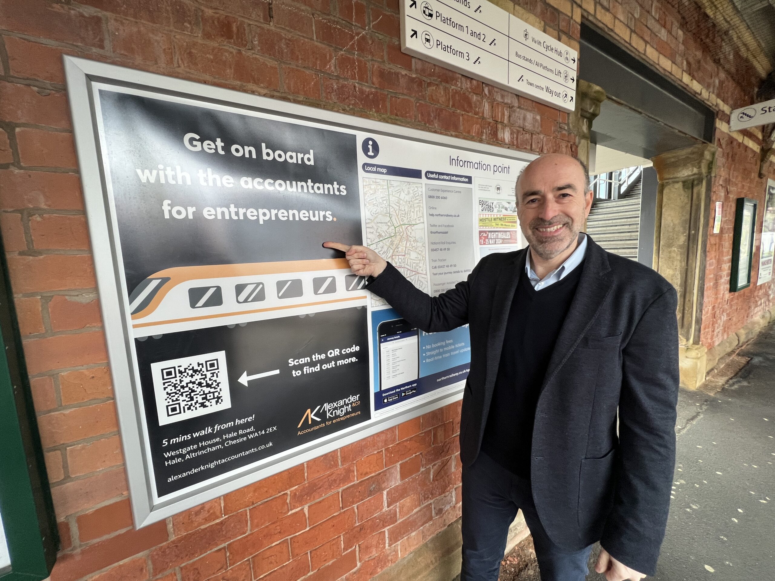 Altrincham Rail. Station advertising by accountants Alexander Knight & Co
